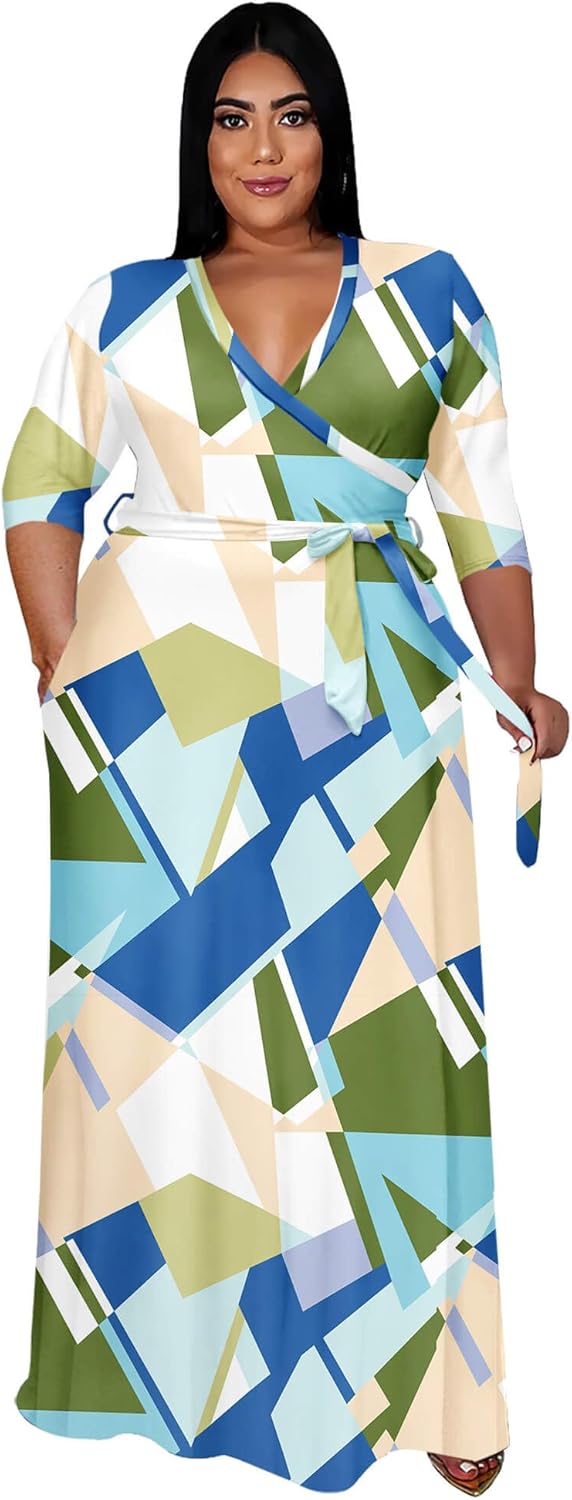 Runwind Plus Size Dress for Women - Elegant V Neck Maxi Style
