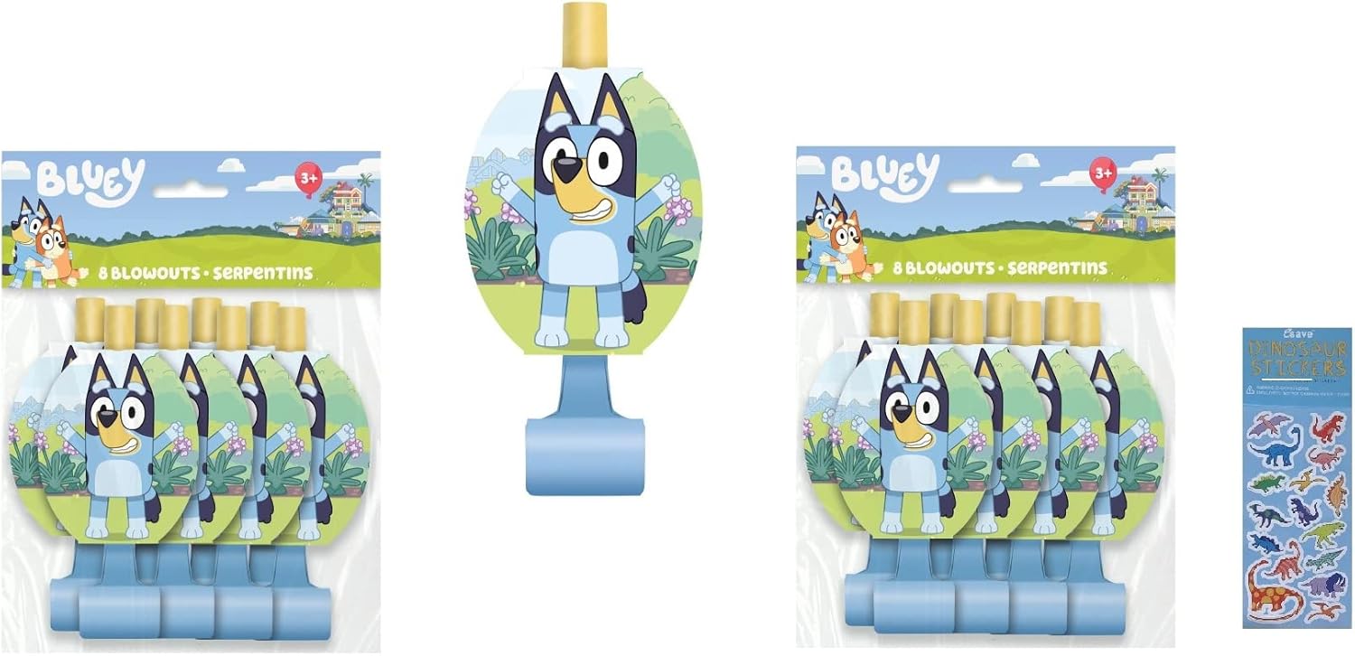 Bluey Party Pack: 16 Blowouts & Dino Stickers