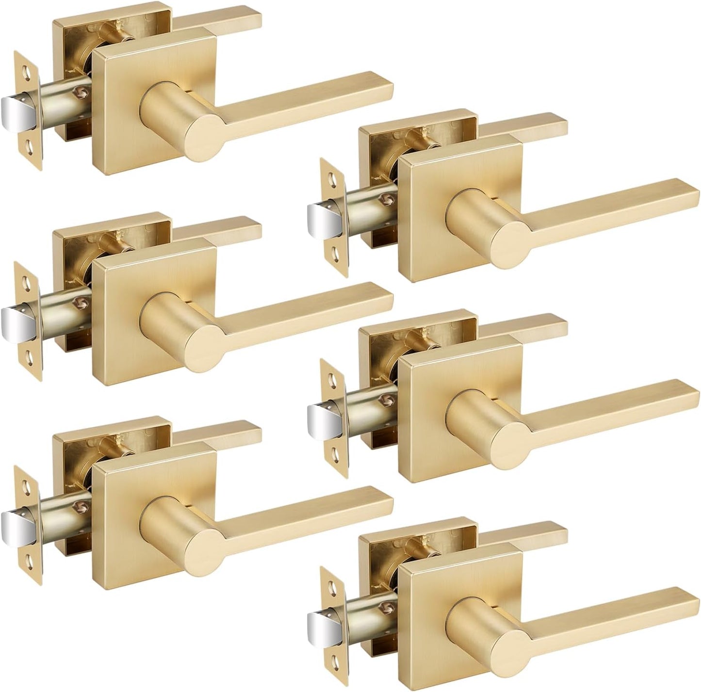 Satin Brass Door Handles for Modern Interiors - 6 Pcs Set