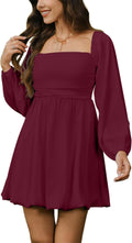 Women's Square Neck Pleated Long Sleeve Mini Dress - Flattering