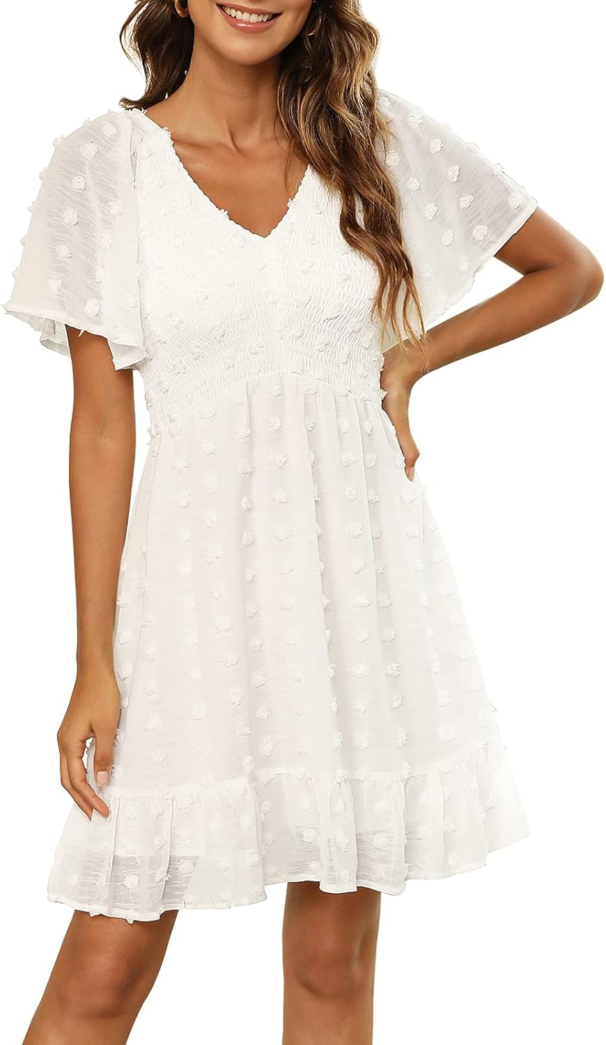 Zattcas Womens Summer Smocked Dress with Flutter Sleeves