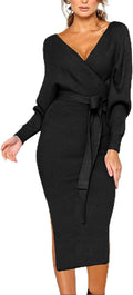 V Neck Sweater Dress with Belt - Flattering Backless Bodycon Fit