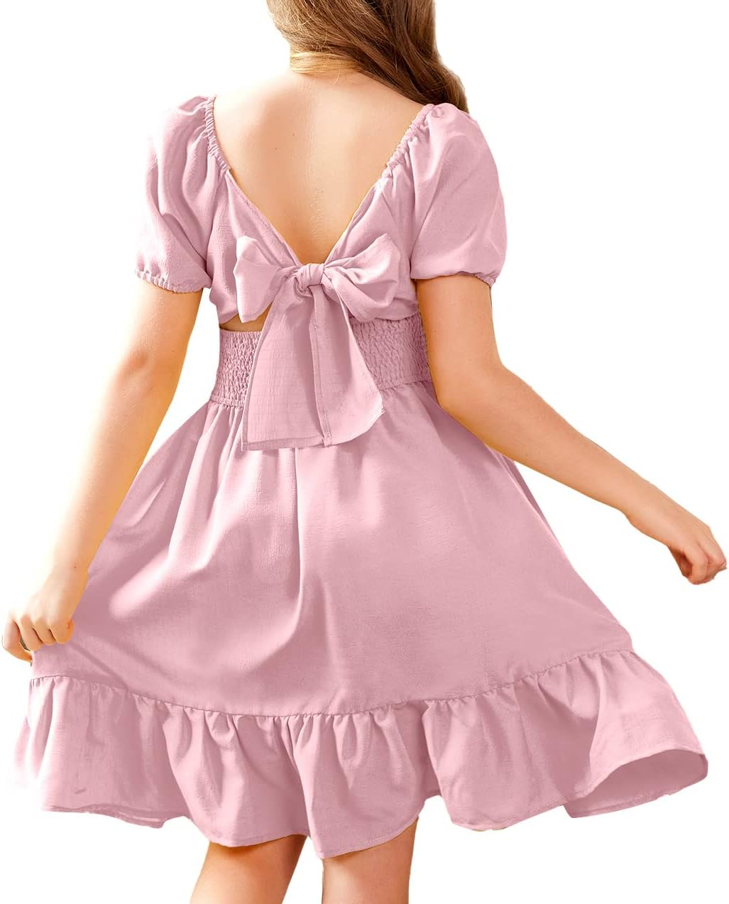 Arshiner Girls Tie Back Short Sleeve Ruffle Hem Dress 4-12