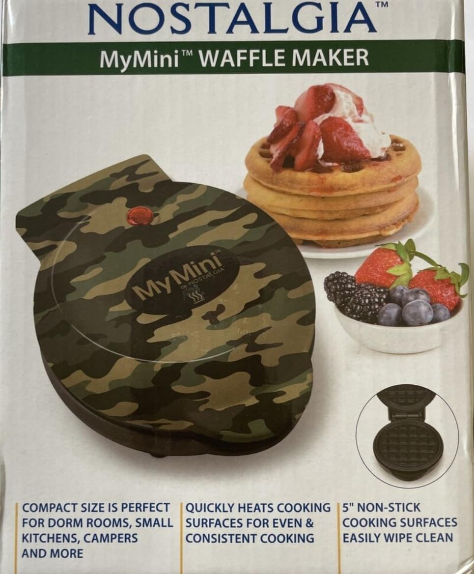 Compact Camo Waffle Maker, Non-Stick, Nostalgic Charm