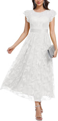 Women's Tulle Midi Dress with Ruffle Sleeves - Navy Lace Elegance
