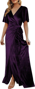 CYiNu Women's Wrap Velvet Maxi Dress V Neck Bell Sleeve Split