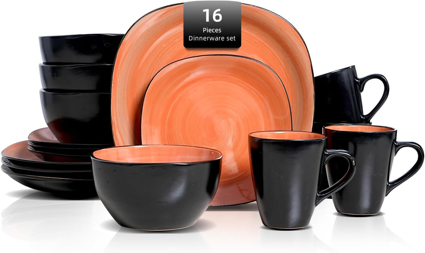 Stoneware Square 16pc Dinnerware Set with Spinwash Swirl Orange