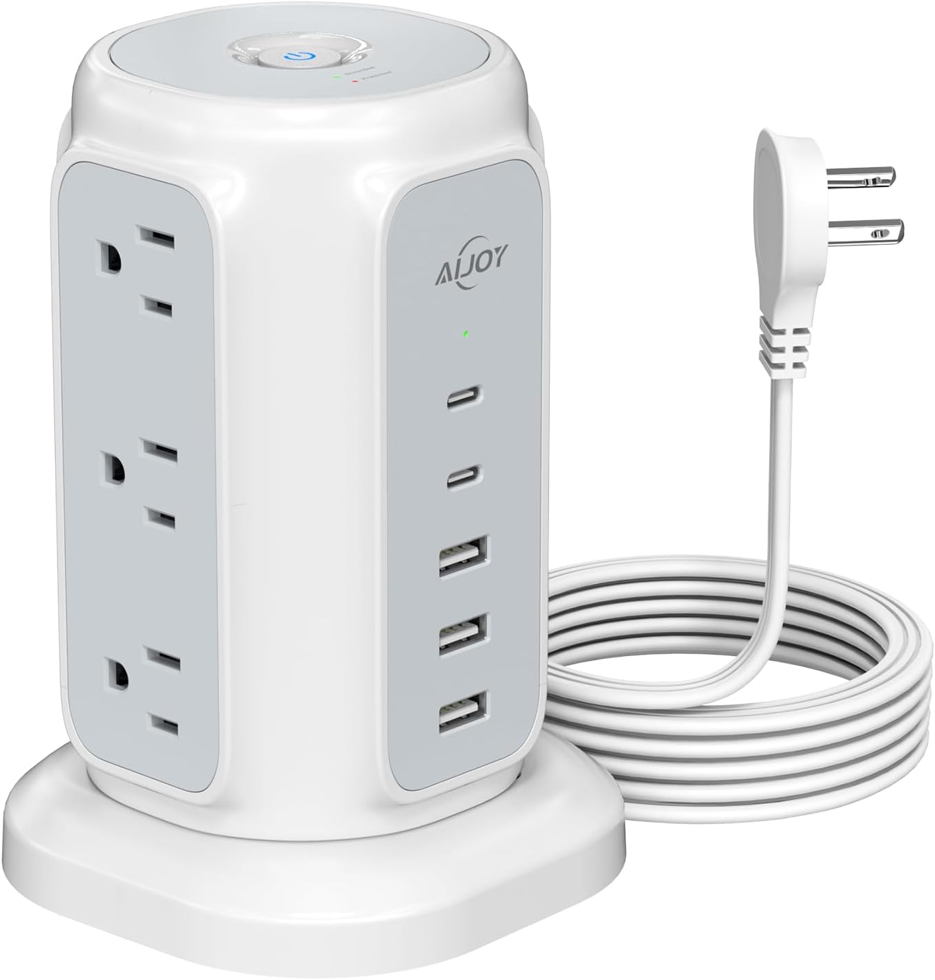 AiJoy Flat Plug Power Strip Tower with 9 Outlets and USB Ports