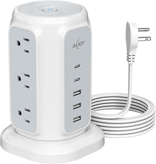 AiJoy Flat Plug Power Strip Tower with 9 Outlets and USB Ports