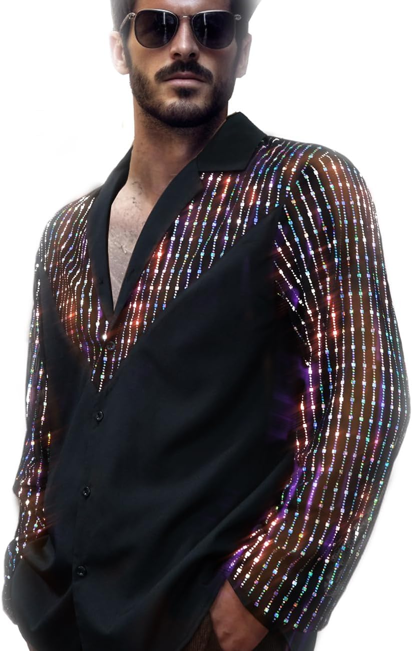Mens Mesh Sequins See Through Long Sleeve Disco Shirt for Parties