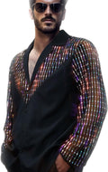 Mens Mesh Sequins See-Through 70s Disco Button Down Shirt - Dazzling