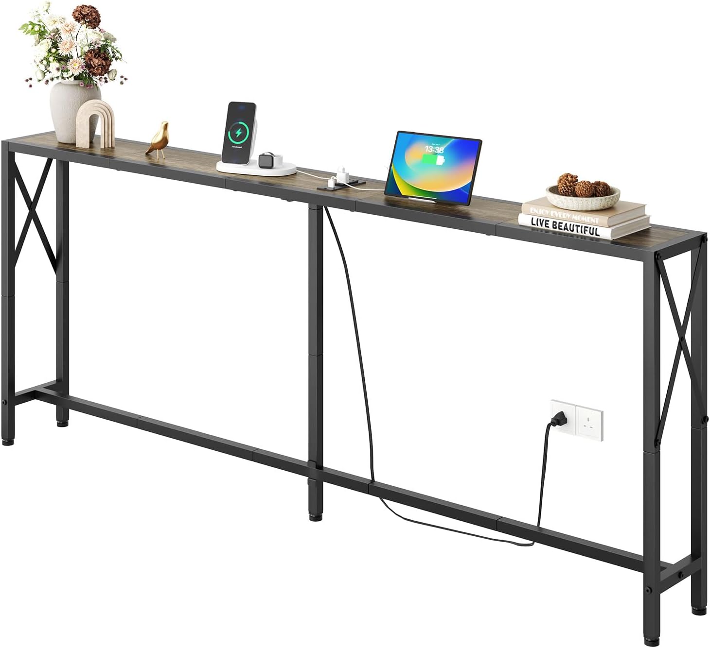 70 Inch Sofa Table with Outlets & USB Ports for Small Spaces