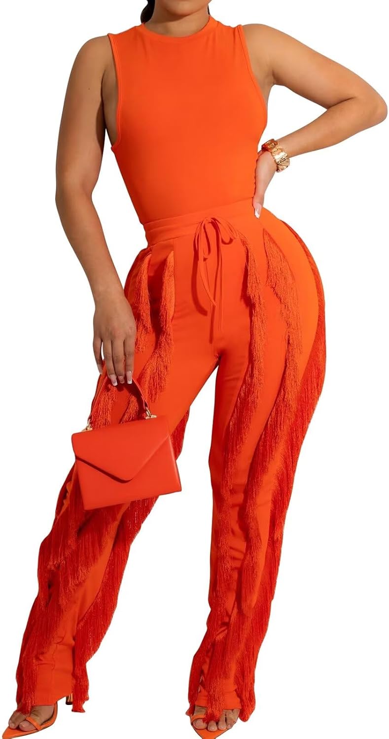 EDITCOZY Women Sexy Two Piece Outfits with Fringe Pants Set