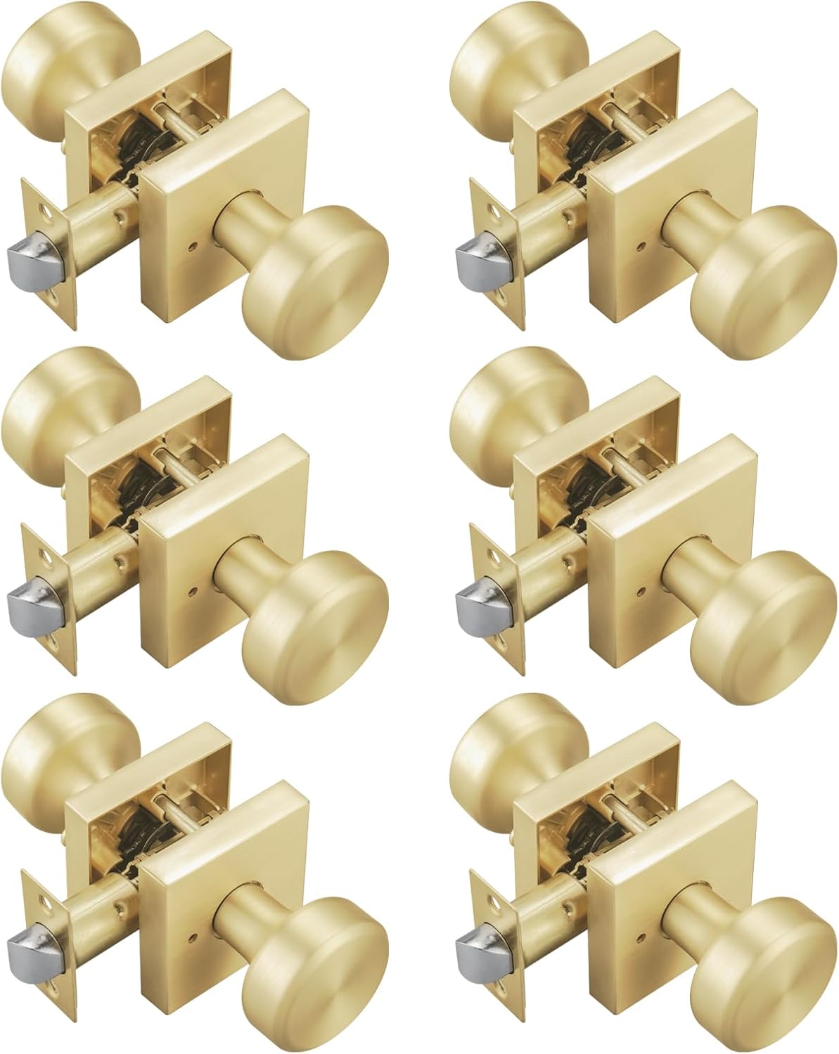 6 Pack Satin Brass Door Knobs with Square Rosette for Interiors