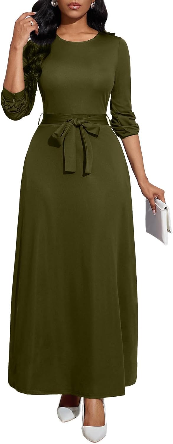 Long Dress for Women Casual Long Sleeve Maxi Dress with Belt