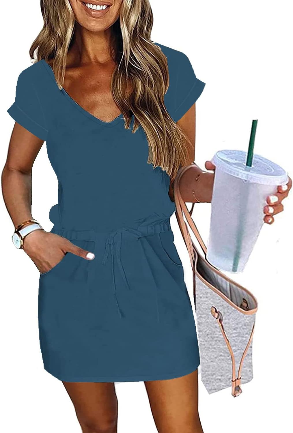 Womens Summer Dress with Lantern Sleeves and Tie Front Design