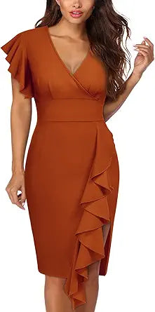 Knitee Women's Deep-V Neck Ruffle Sleeves Cocktail Dress