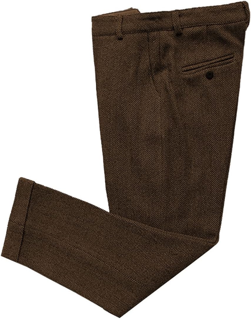 Mens Vintage Tweed Dress Pants with Herringbone Pattern Style