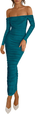PRETTYGARDEN Off Shoulder Ruched Maxi Dress - Elegant Fall Guest Dress