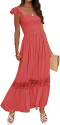 Women's Lace Strap Smocked High Waist Ruffle Maxi Dress - White