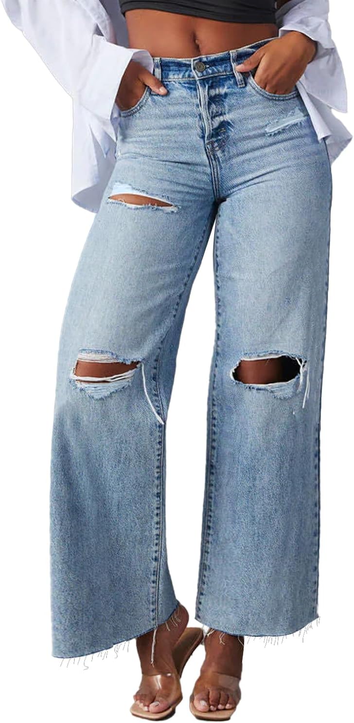 High Waisted Straight Ankle Wide Leg Ripped Jeans for Women