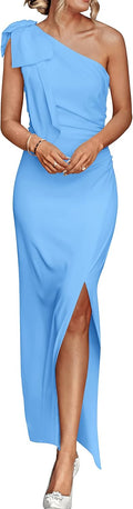 Women One Shoulder Long Formal Dress - Flattering Ruched Maxi