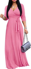 Women Plus Size Long Maxi Wrap Dress V-Neck 3/4 Sleeve (Style K9C7)
