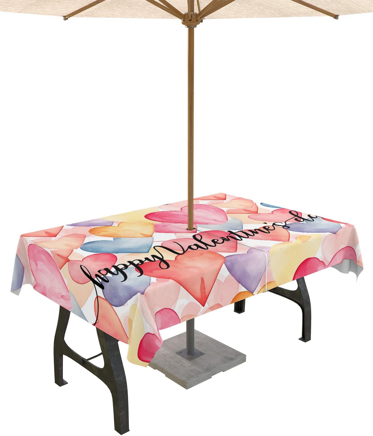 Valentine's Day Waterproof Tablecloth - 60x102in, Zipper, Umbrella Hole, Sweet Hearts ~ ZFUNCING