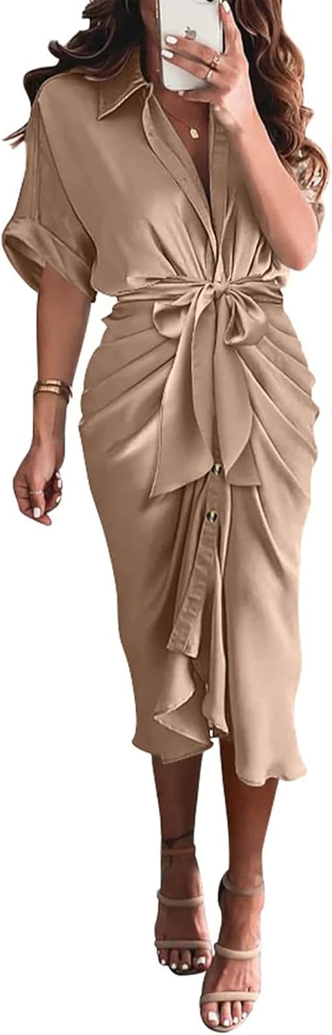 BTFBM Women Button Down Ruched Shirt Dress for Summer Events