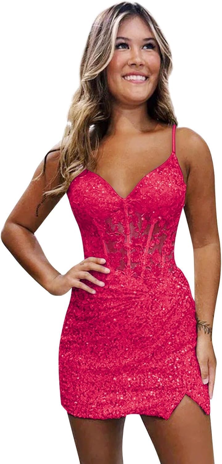 Loyeloy Short Homecoming Dresses for Teens 2024 V Neck Sparkly