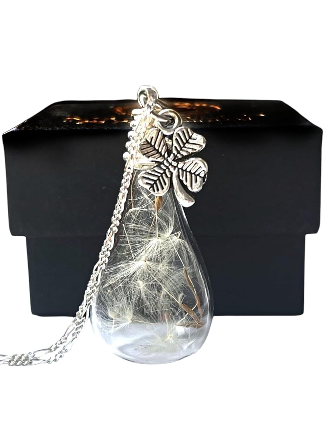 Dandelion Necklace with Four Leaf Clover Pendant for Luck