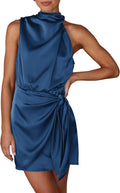 Women's Satin Mock Neck Tie Waist Cocktail Dress - Short Summer