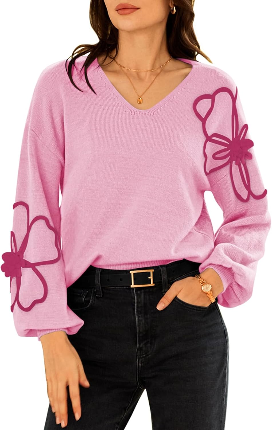 Pink Queen Women's Floral V Neck Pullover Sweater for Fall