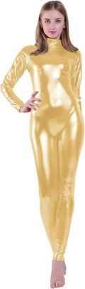 Shiny Metallic Unitard Turtleneck Zentai Suit - Stretchy Footless High
