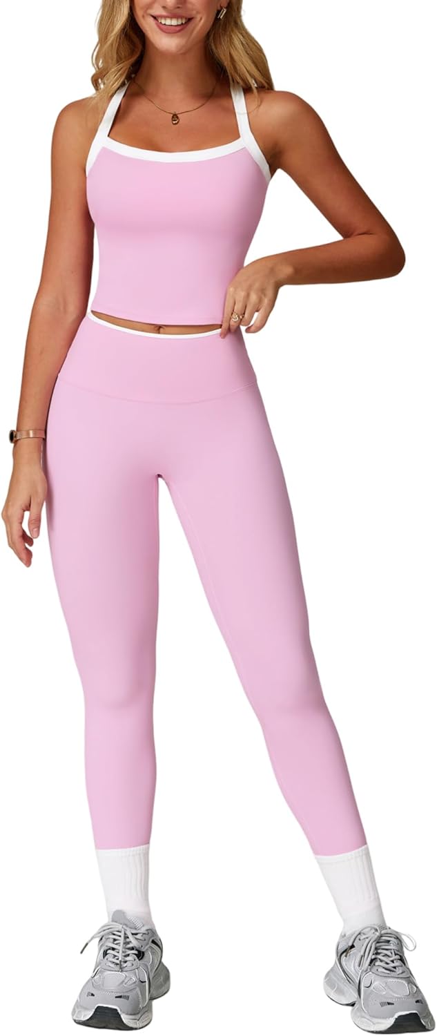 Womens Workout Sets Two Piece Cross Back Tank Top Leggings