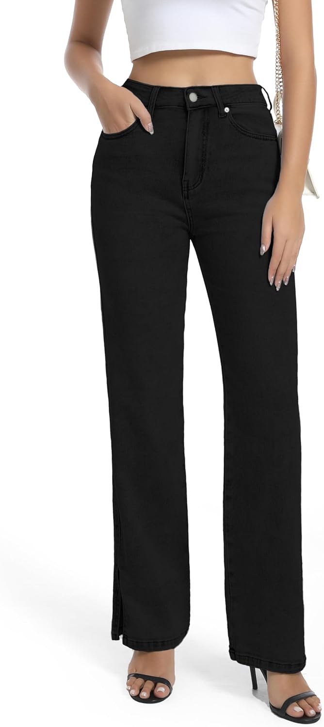 Womens High Waisted Stretchy Straight Leg Split Hem Jeans
