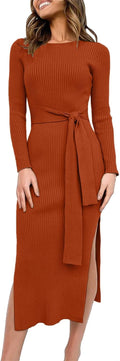 ANRABESS Womens Long Sleeve Sweater Dress Midi - Slim Fit, Tie Waist