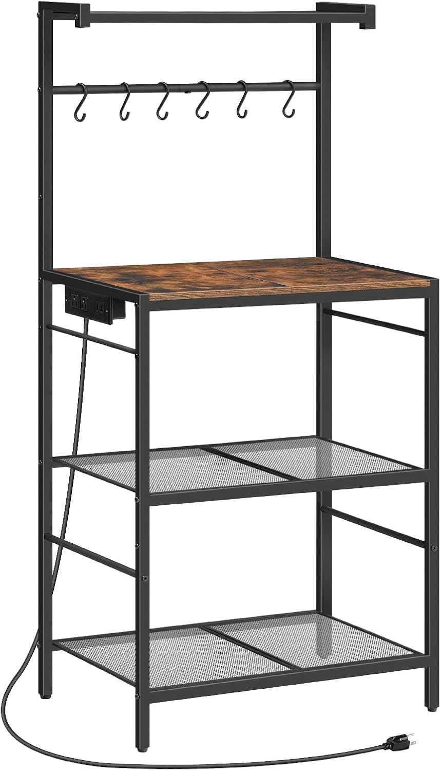 Rustic Brown Baker's Rack: 4-Tier Storage, Charging Station, Coffee Bar