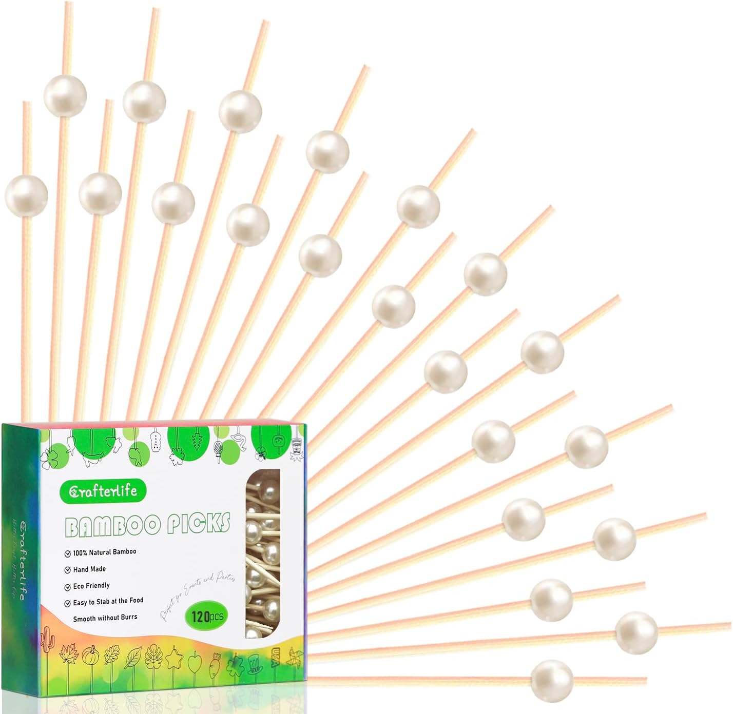 Bamboo Pearl Cocktail Picks 4.7 120pcs - Charcuterie Party Essential
