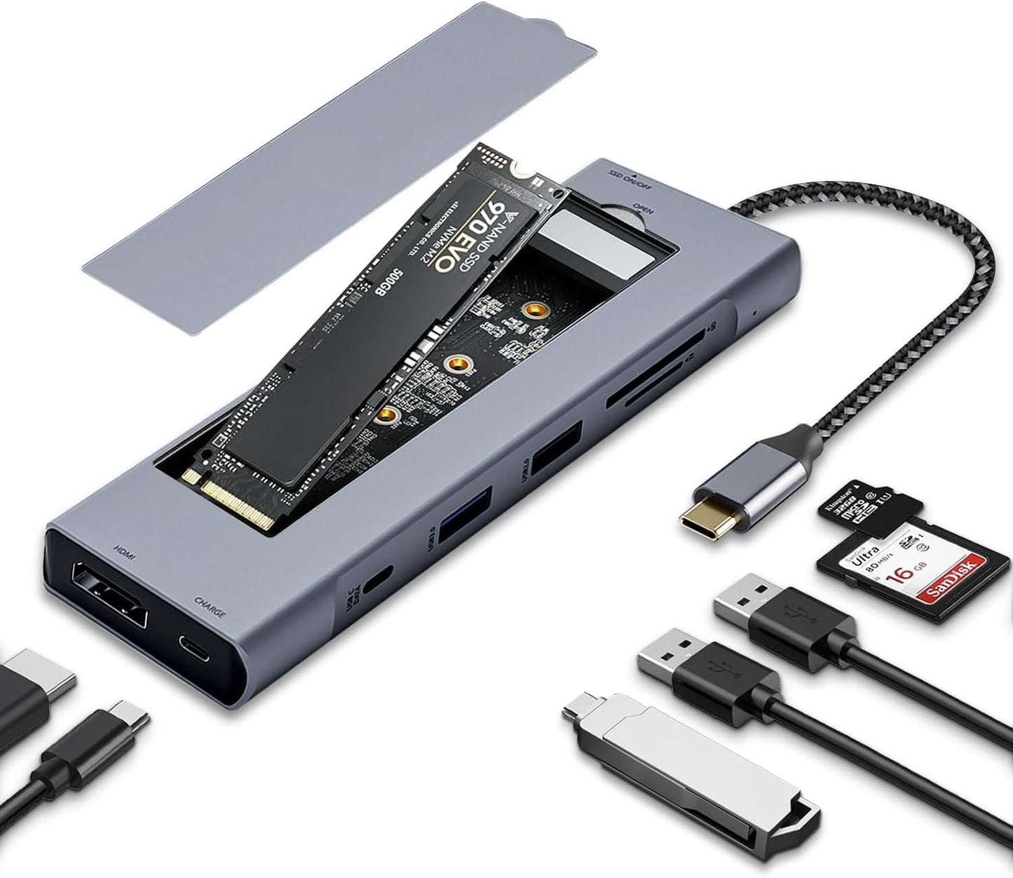 8-in-1 USB C Hub with M.2 NVMe SSD Enclosure for Fast Transfers