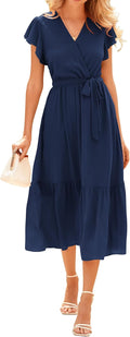 Women Summer Bohemian White Wrap V Neck Midi Dress - Lightweight