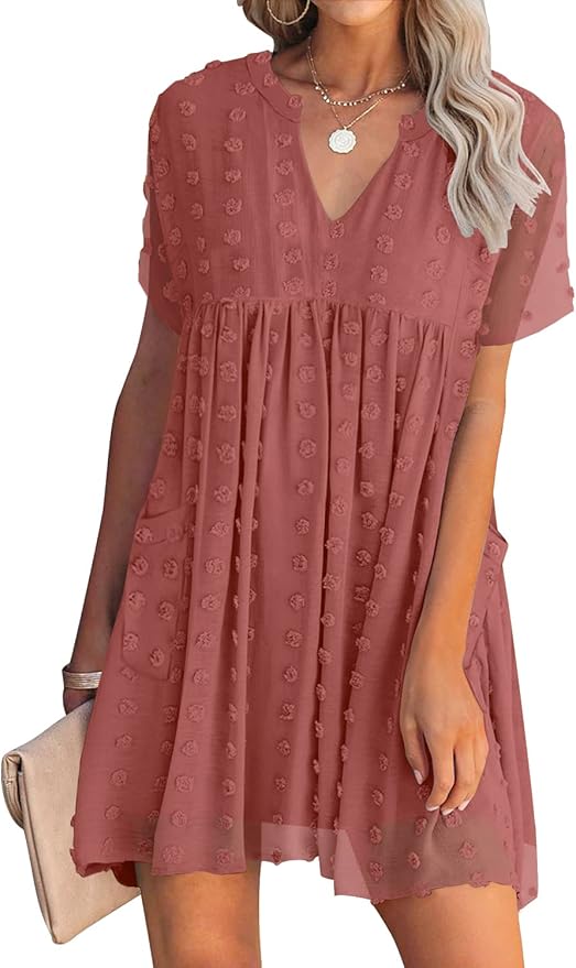 MIHOLL Women's V Neck Short Sleeve Ruffle Loose Summer Dress