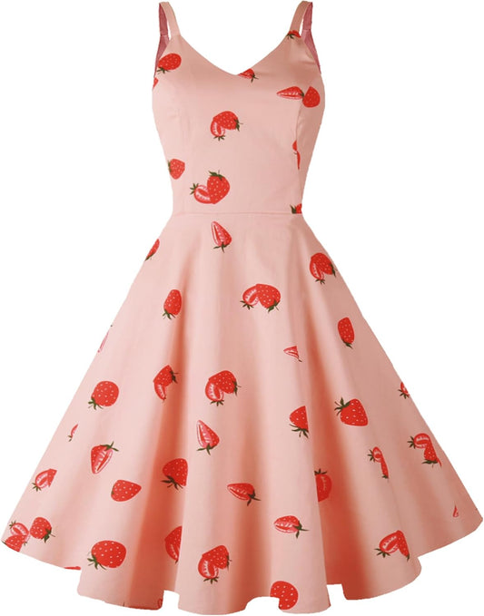 GOOBGS Women's 1950s Retro Vintage Spaghetti Strap Dress