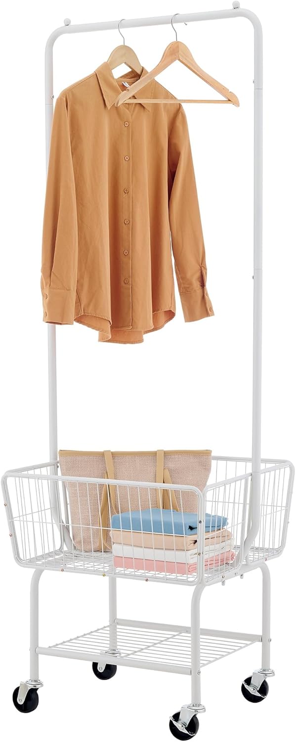 Tajsoon Laundry Cart with Wheels and Hanging Rack for Organization