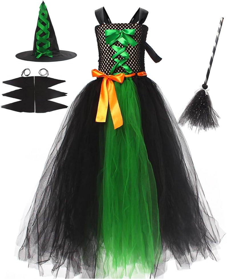 IBAKOM Girls' Witch Dress with Bat Sleeves and Broomstick