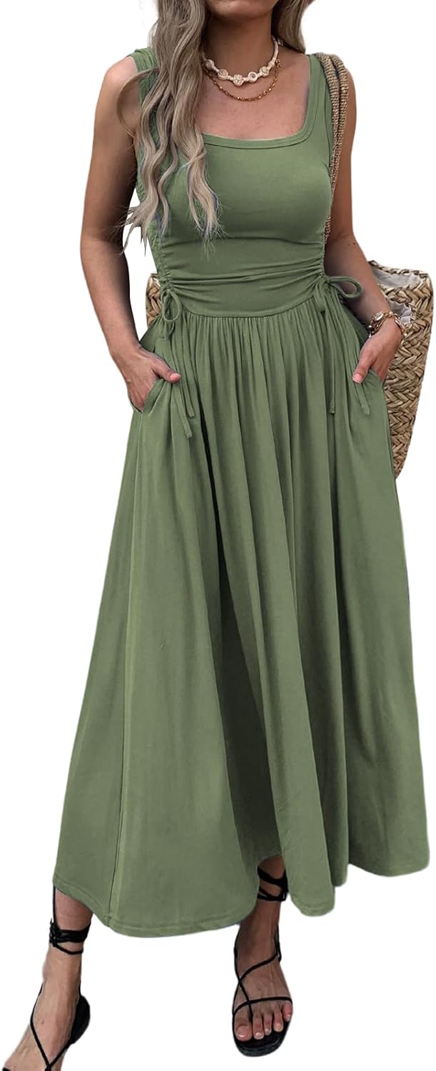 Womens Boho Summer Maxi Dress with Pockets for Beach Fun