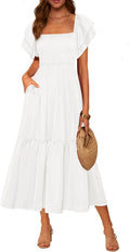 Womens Summer Casual Midi Dress Square Neck Ruffle - Flattering Fit