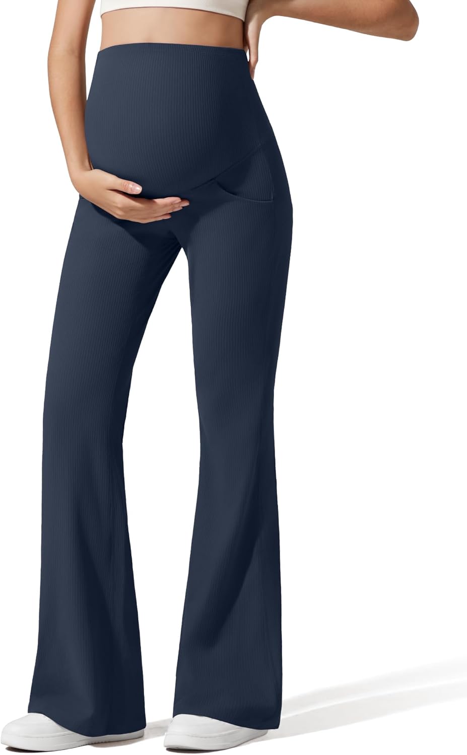 G4Free Ribbed Maternity Flare Yoga Pants with Pockets for Comfort