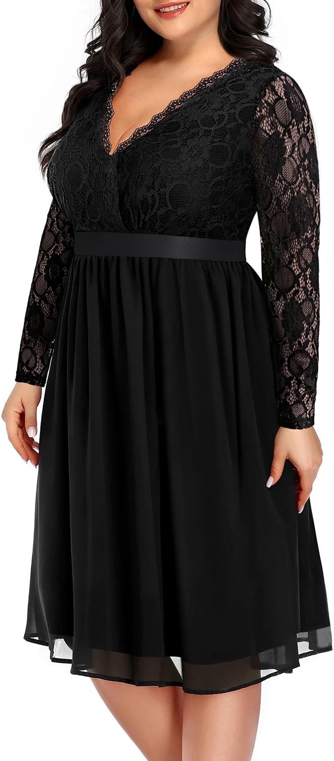 Plus Size Lace Chiffon Wrap V Neck Midi Dress for Women