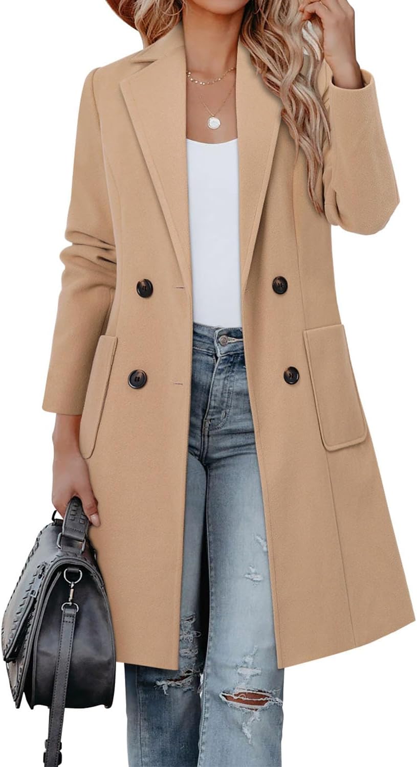 CHICZONE Women's Notch Lapel Double Breasted Wool Blend Coat